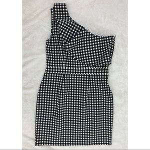RACHEL Rachel Roy Dress XL Gingham Ruffled One Shoulder Stretch Black White